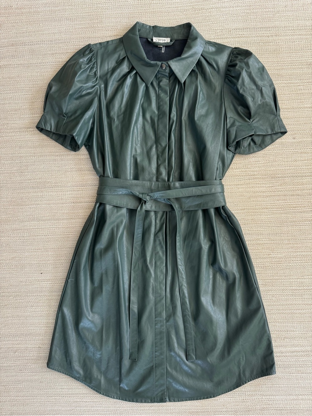 Tyler Boe Veronica dark green vegan leather puff sleeve belted dress women’s 10